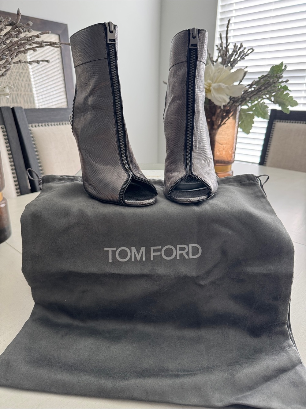 Tom Ford Metallic Charcoal Open-Toe Zip Ankle Heels